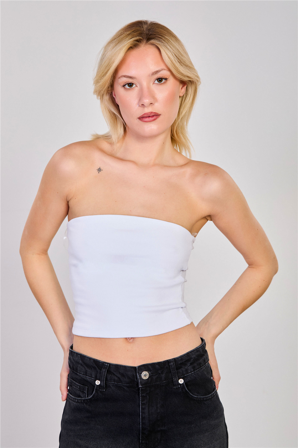 Kadın Likralı Straplez Body - Beyaz