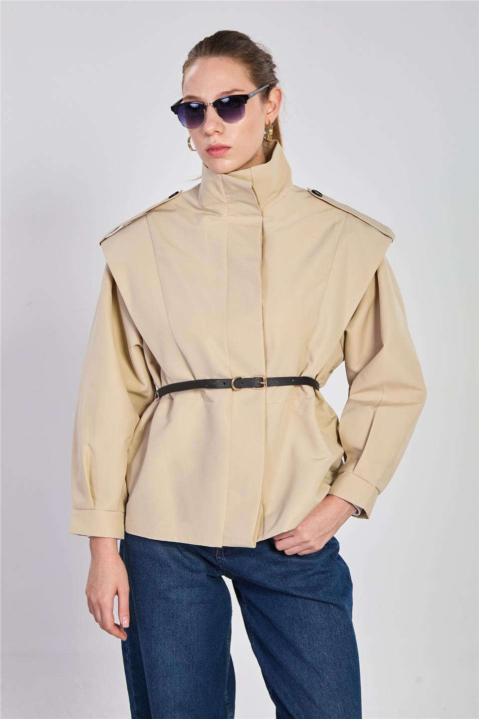 Kadın Dik Yaka Beli Kemerli Kısa Trençkot - Taş