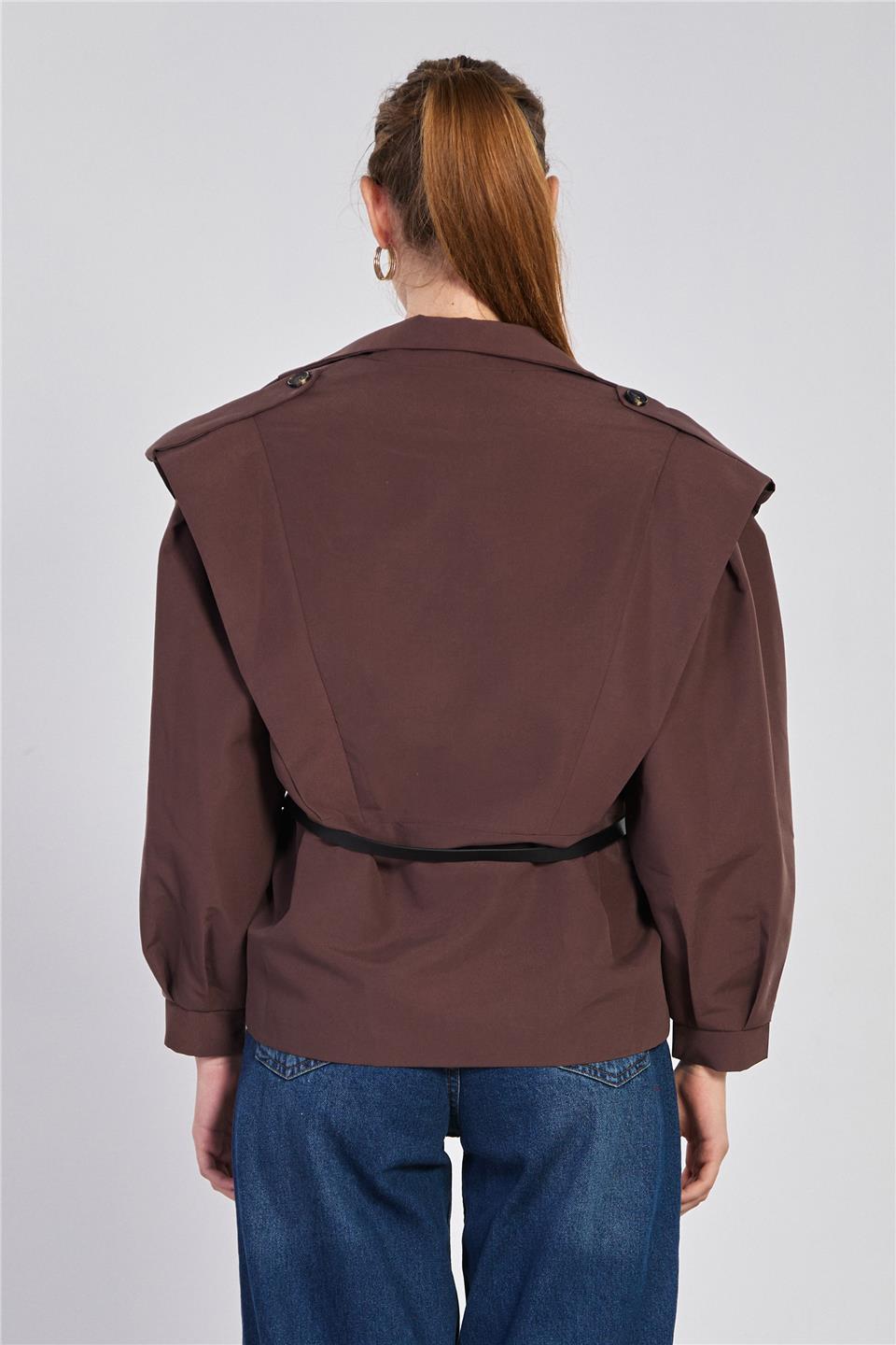 Kadın Dik Yaka Beli Kemerli Kısa Trençkot - Acı Kahve