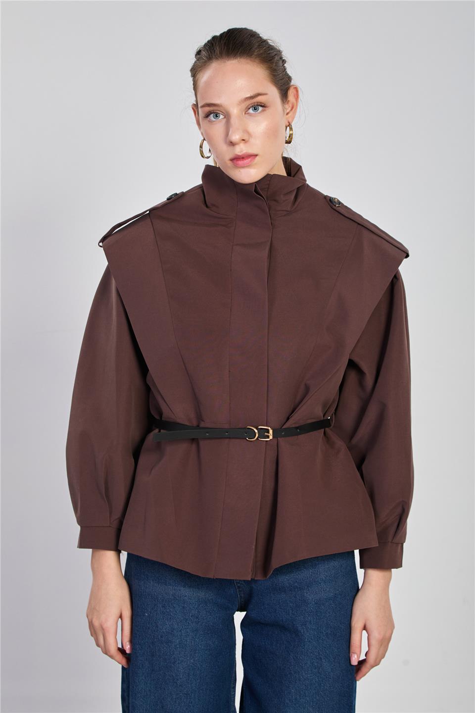 Kadın Dik Yaka Beli Kemerli Kısa Trençkot - Acı Kahve