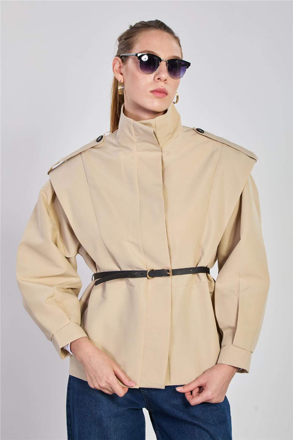 Kadın Dik Yaka Beli Kemerli Kısa Trençkot - Taş