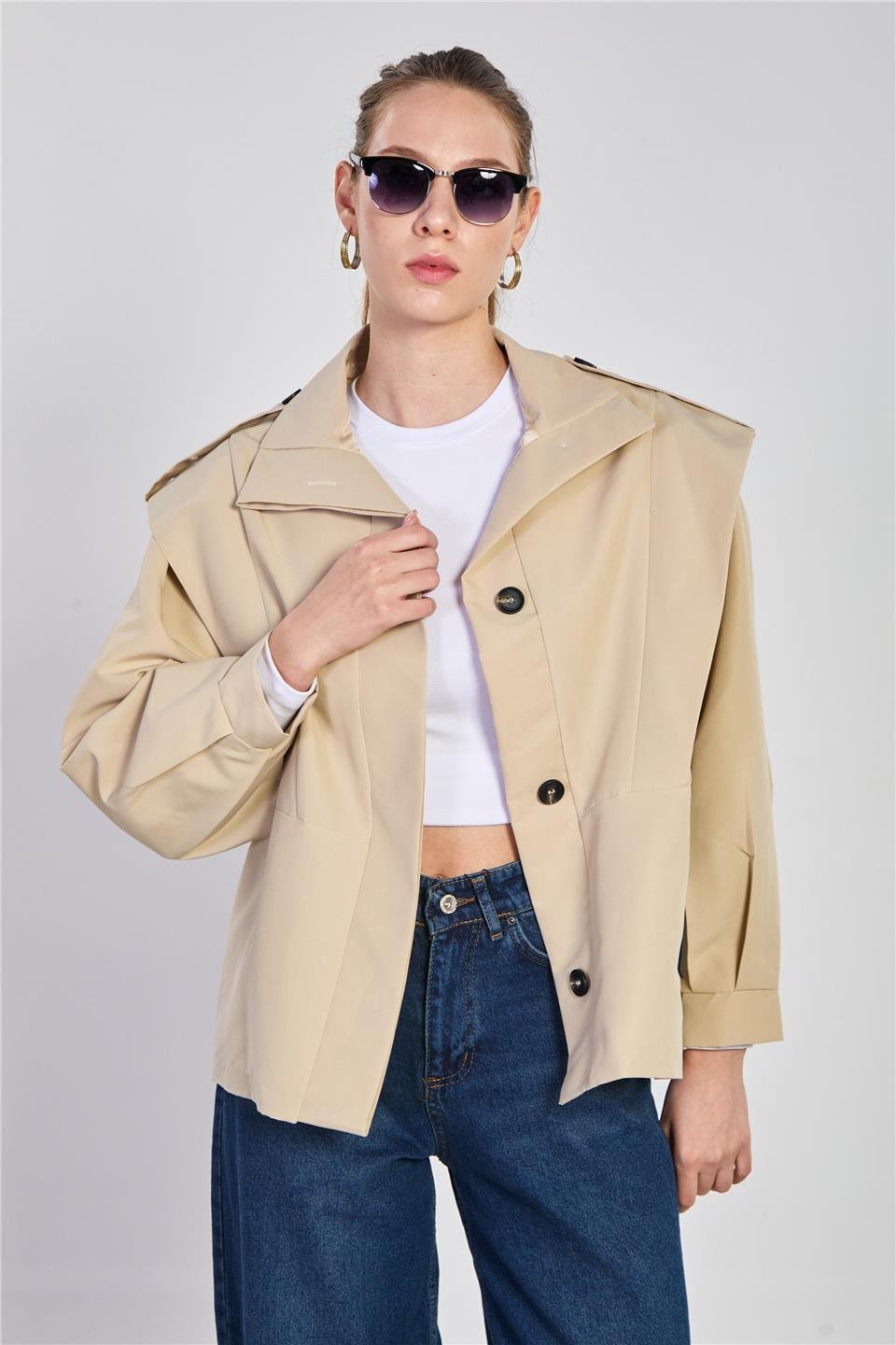 Kadın Dik Yaka Beli Kemerli Kısa Trençkot - Taş