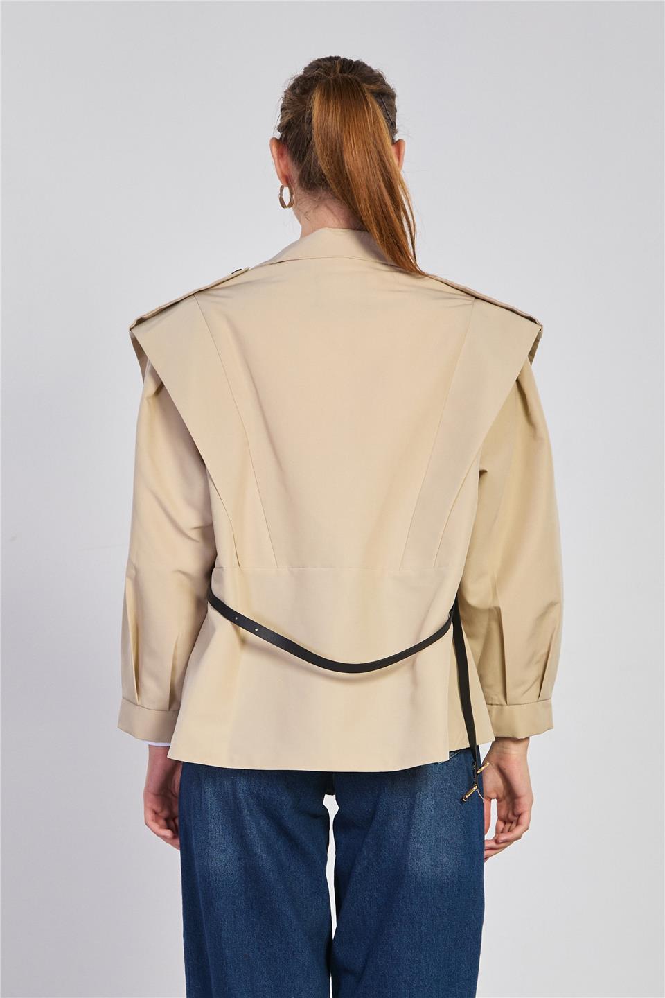 Kadın Dik Yaka Beli Kemerli Kısa Trençkot - Taş