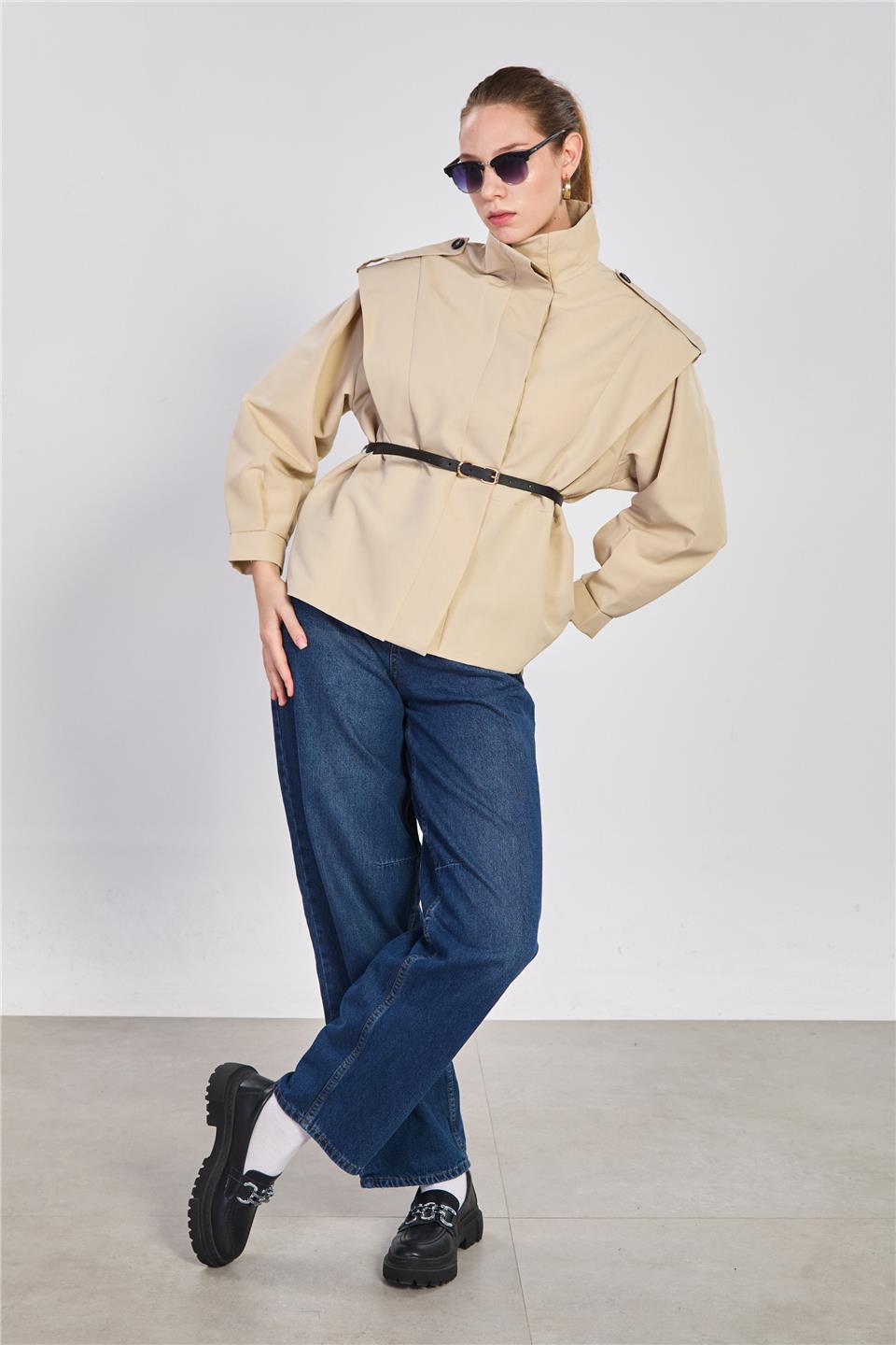 Kadın Dik Yaka Beli Kemerli Kısa Trençkot - Taş