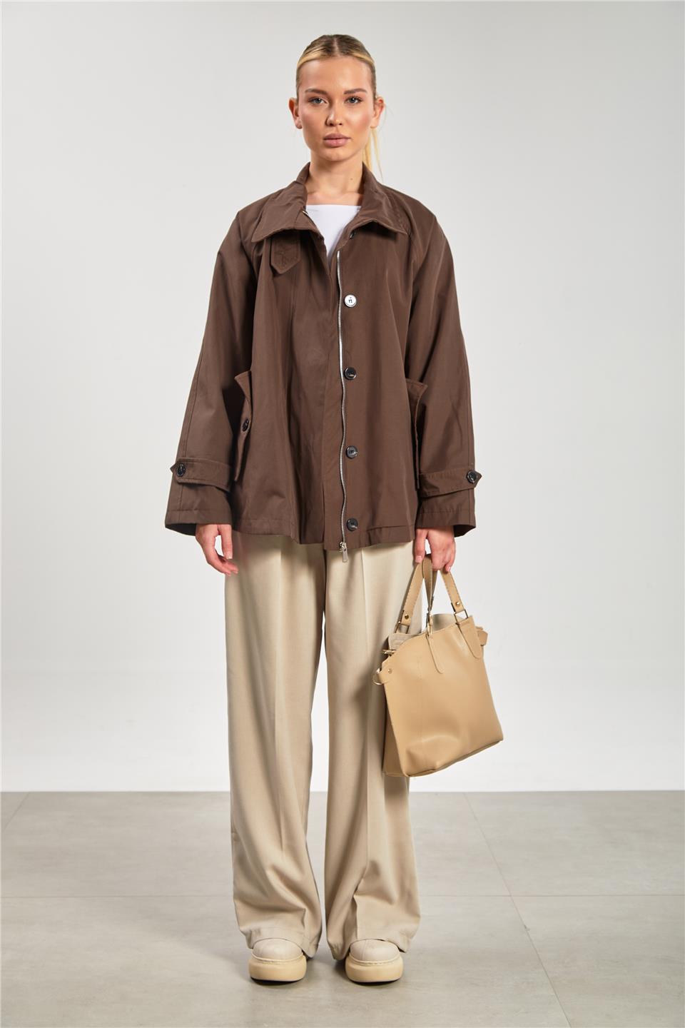 Kadın Dik Yaka Cepli Fermuarlı Trençkot - Kahve