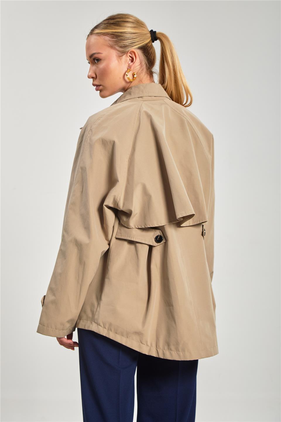 Kadın Dik Yaka Cepli Fermuarlı Trençkot - Vizon