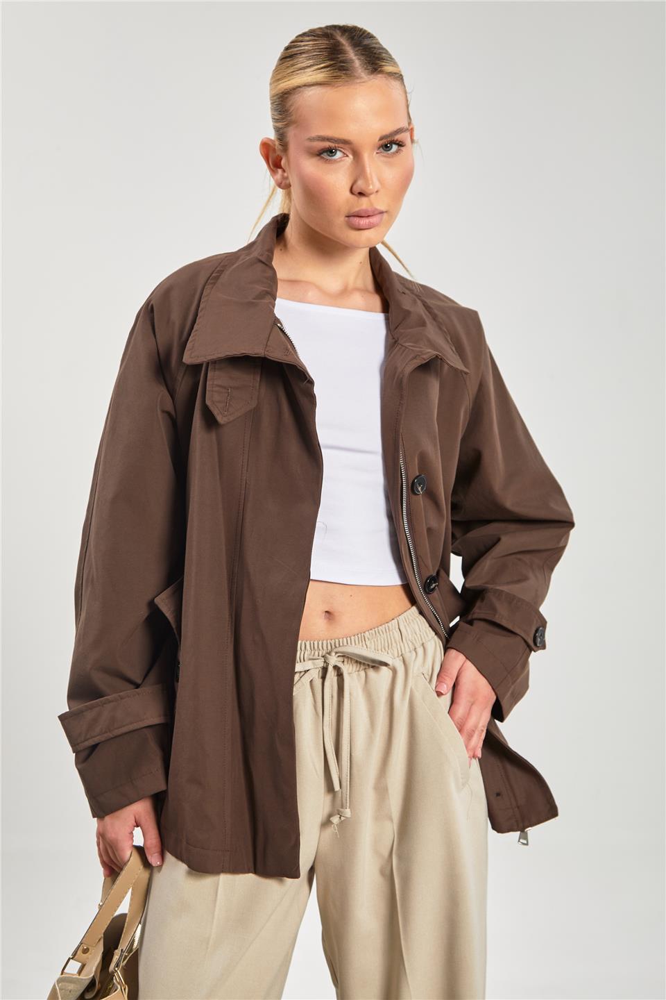 Kadın Dik Yaka Cepli Fermuarlı Trençkot - Kahve