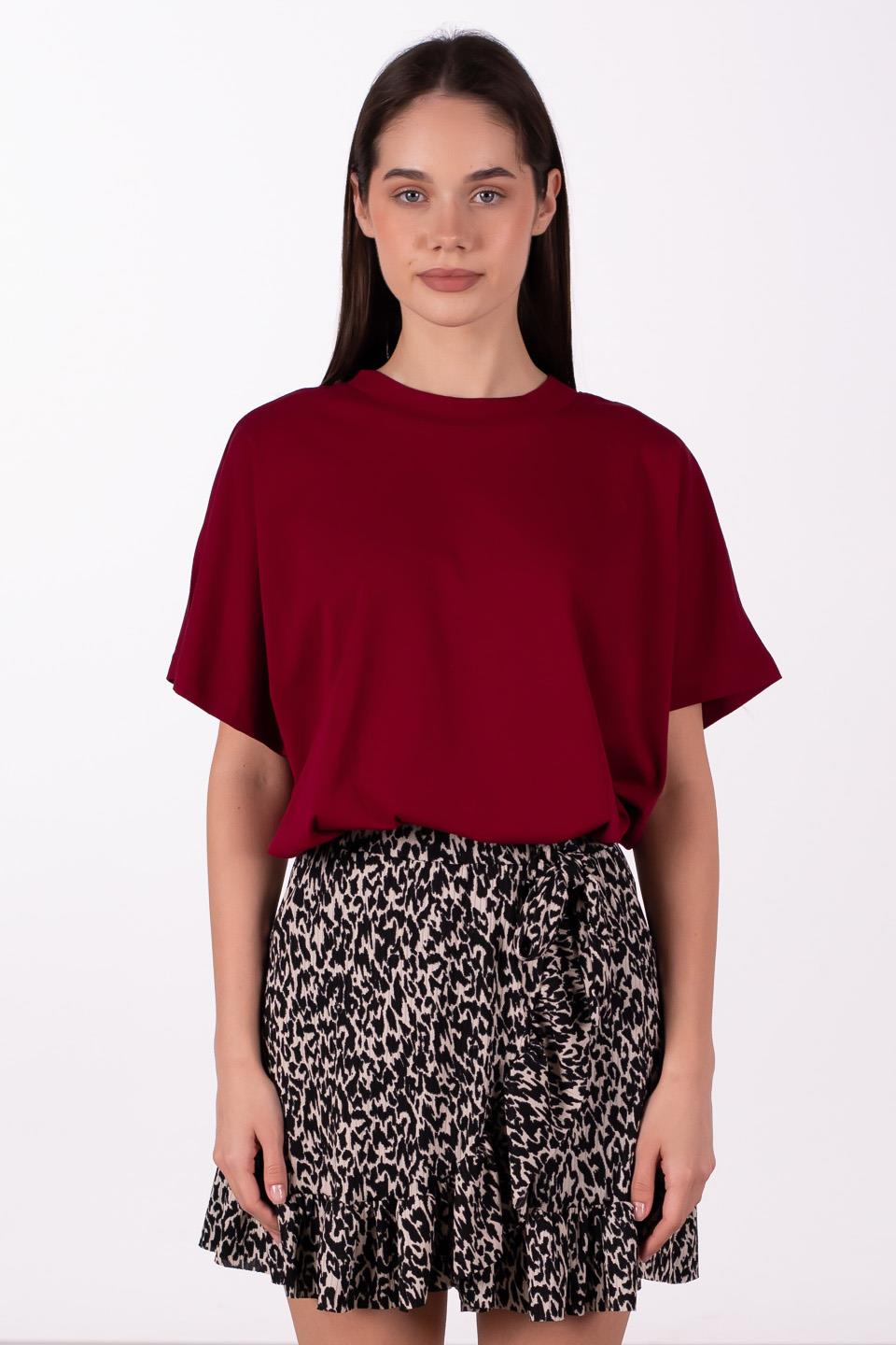 Dik yaka düşük kol oversize t-shirt-4489 Bordo