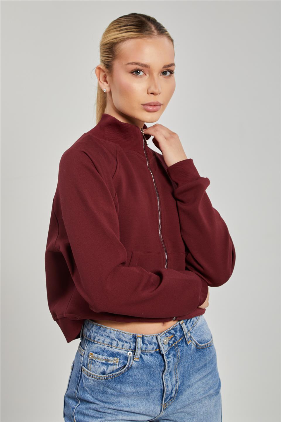 Dik Yaka Fermuarlı Sweatshirt - Bordo