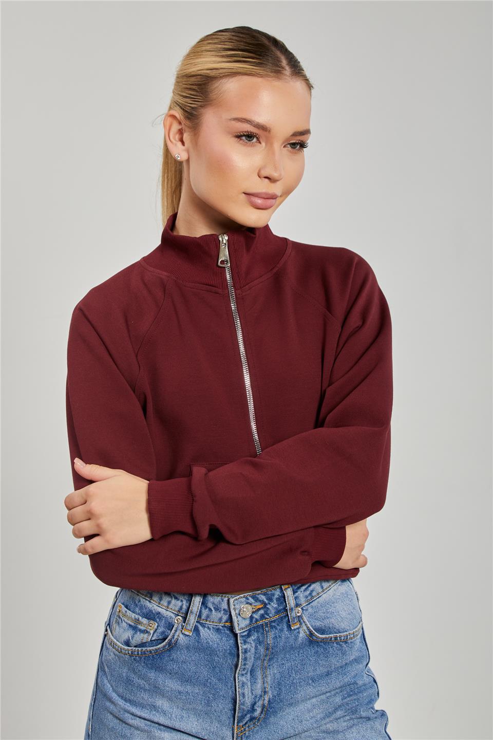 Dik Yaka Fermuarlı Sweatshirt - Bordo