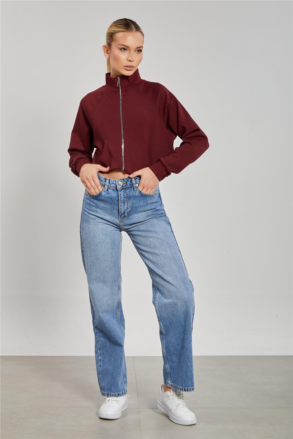 Dik Yaka Fermuarlı Sweatshirt - Bordo