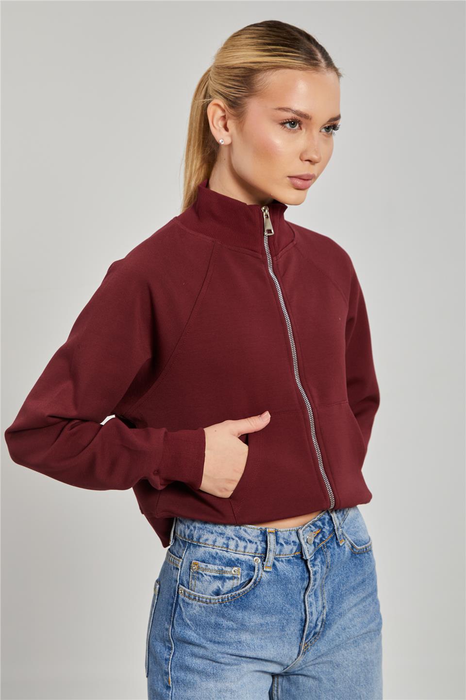 Dik Yaka Fermuarlı Sweatshirt - Bordo