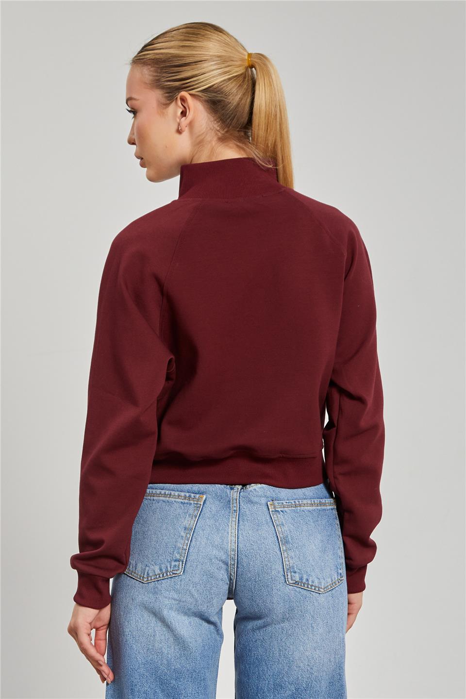 Dik Yaka Fermuarlı Sweatshirt - Bordo