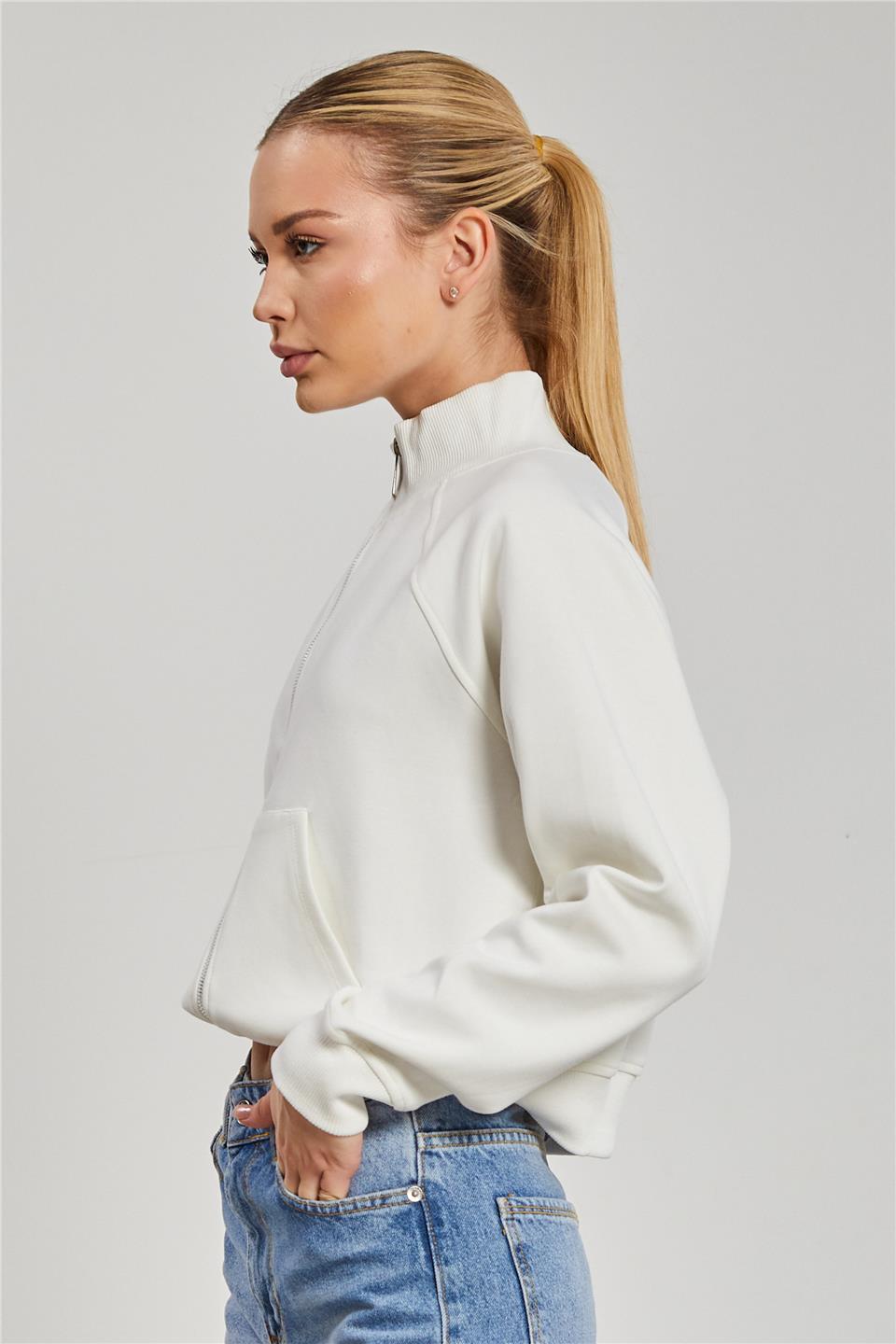 Dik Yaka Fermuarlı Sweatshirt - Ekru