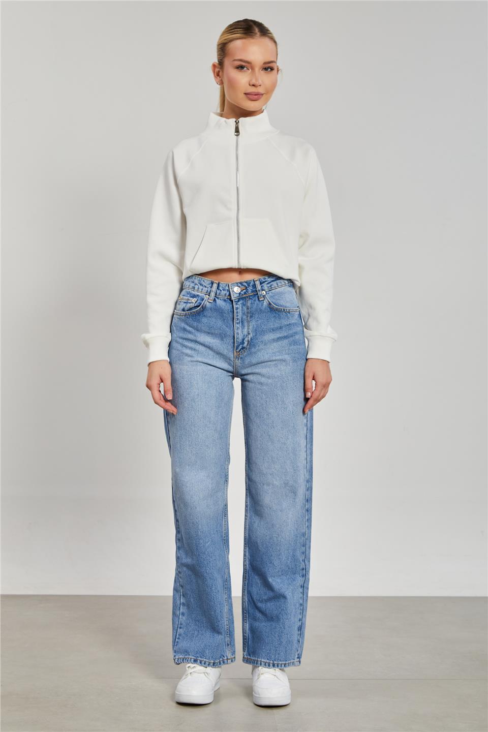 Dik Yaka Fermuarlı Sweatshirt - Ekru