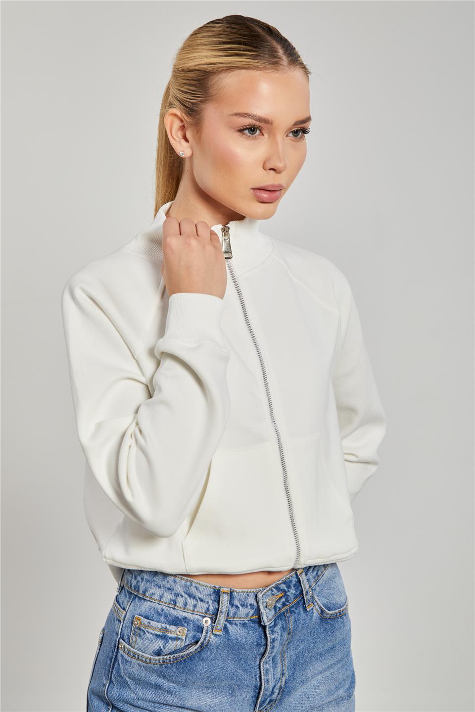 Dik Yaka Fermuarlı Sweatshirt - Ekru