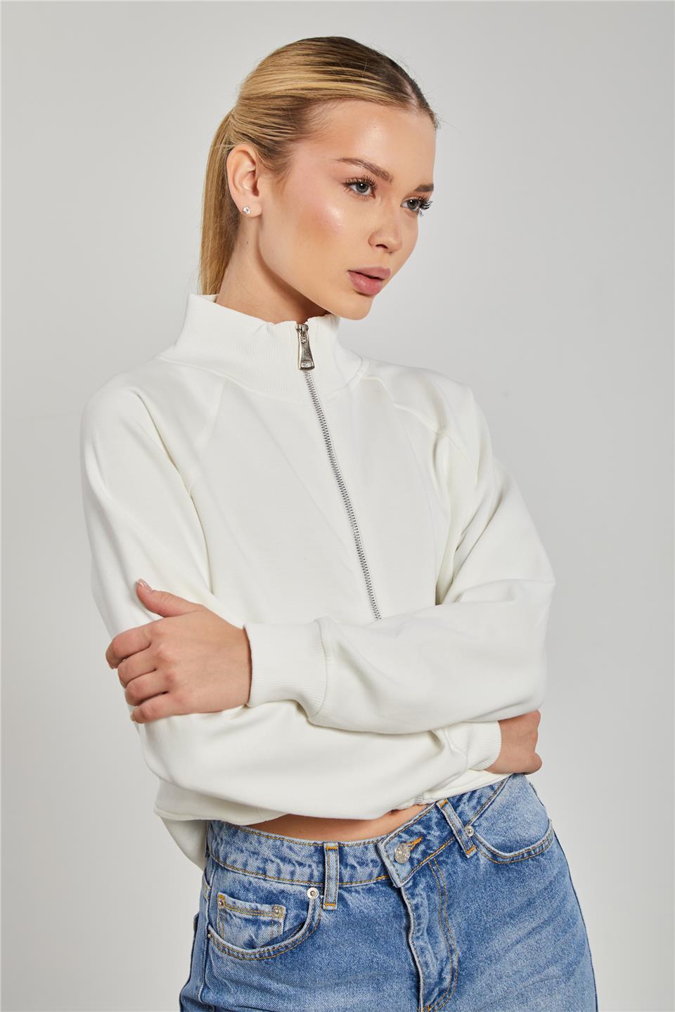 Dik Yaka Fermuarlı Sweatshirt - Ekru