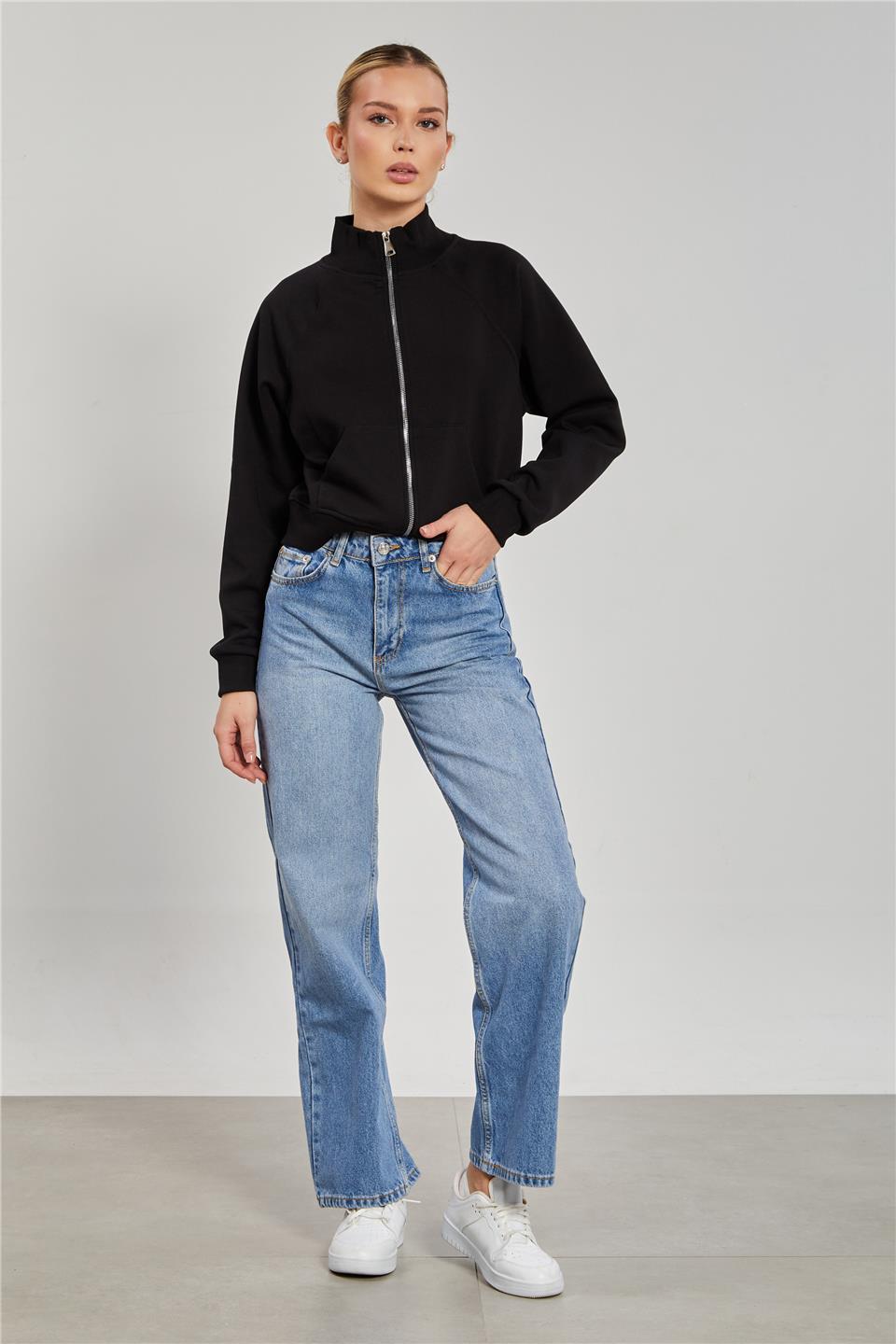 Dik Yaka Fermuarlı Sweatshirt - Siyah