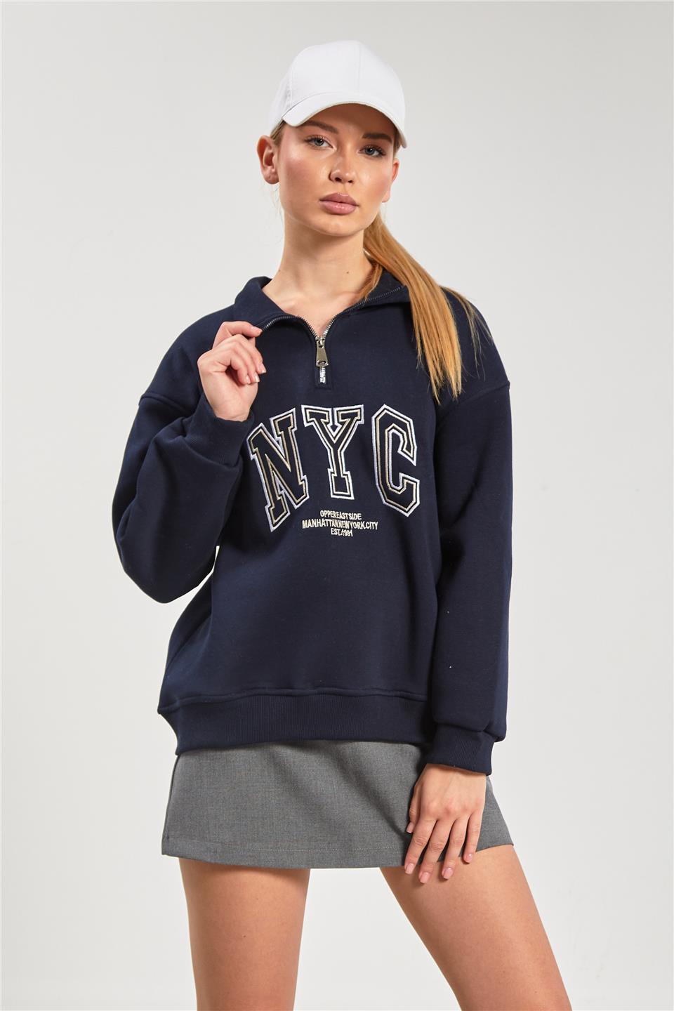 Kadın Dik Yaka Yarım Fermuarlı Baskılı Sweatshirt - Lacivert