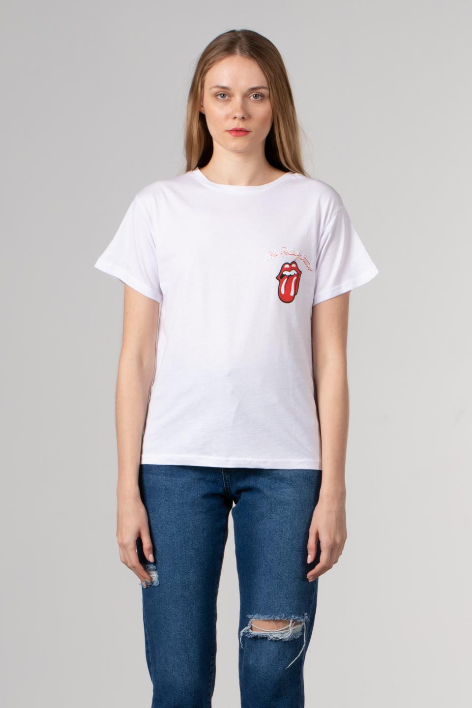 Dil baskılı basıc t-shirt-1003 Beyaz/Kırmızı