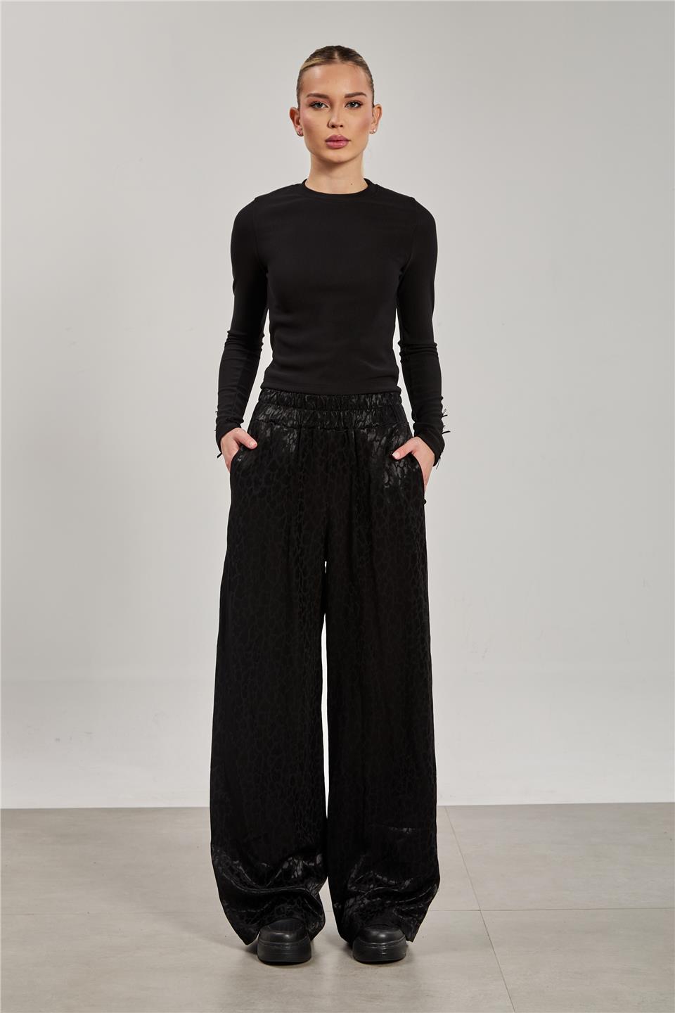 Kadın Dokulu Saten Pantolon - Siyah