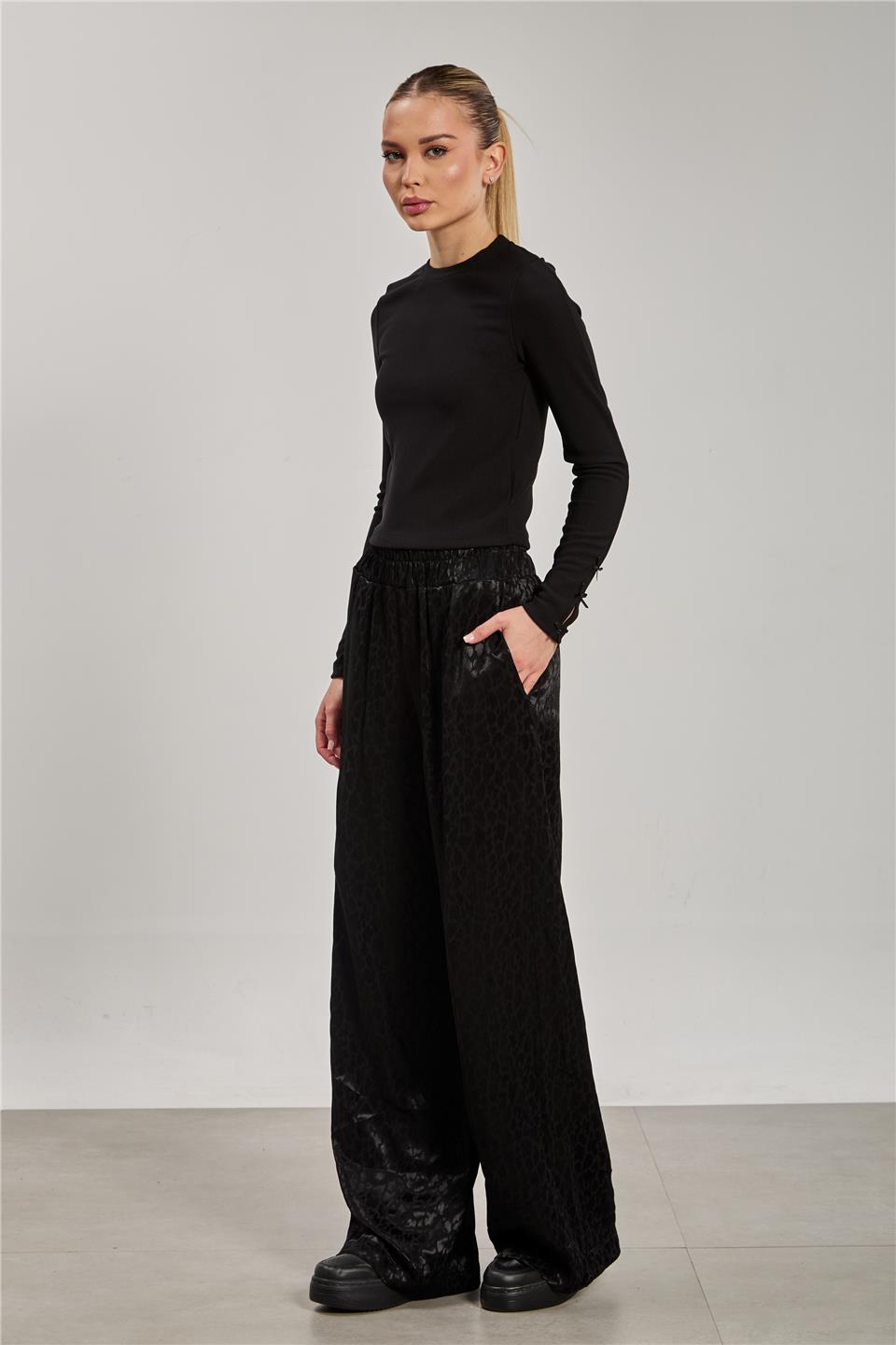 Kadın Dokulu Saten Pantolon - Siyah