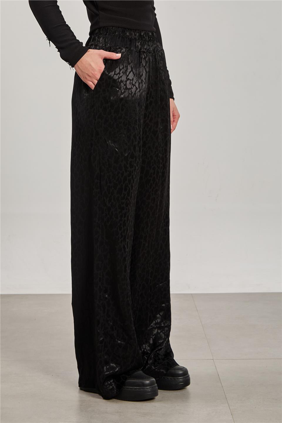 Kadın Dokulu Saten Pantolon - Siyah