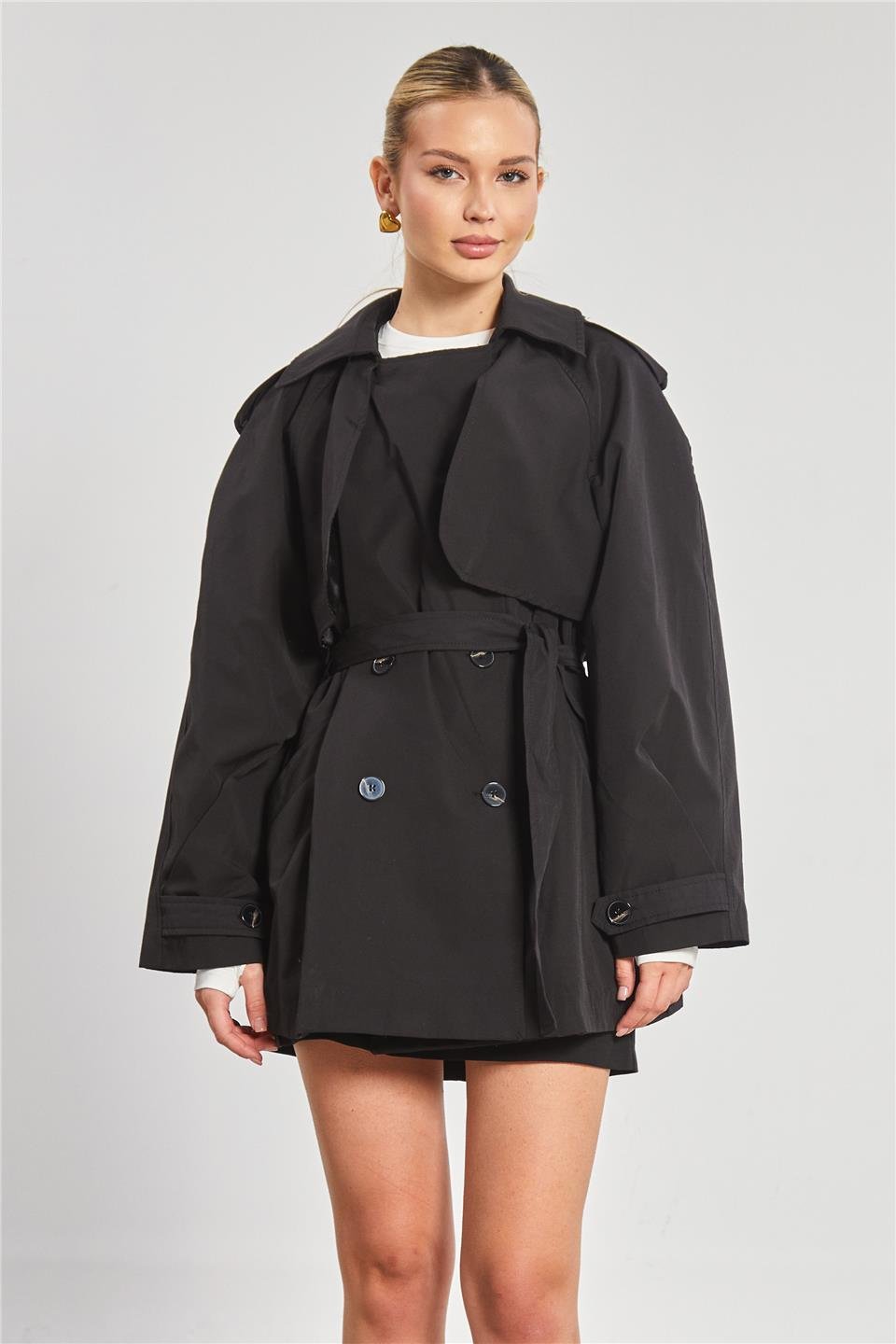 Düğmeli Beli Kuşaklı Kadın Trençkot - Siyah