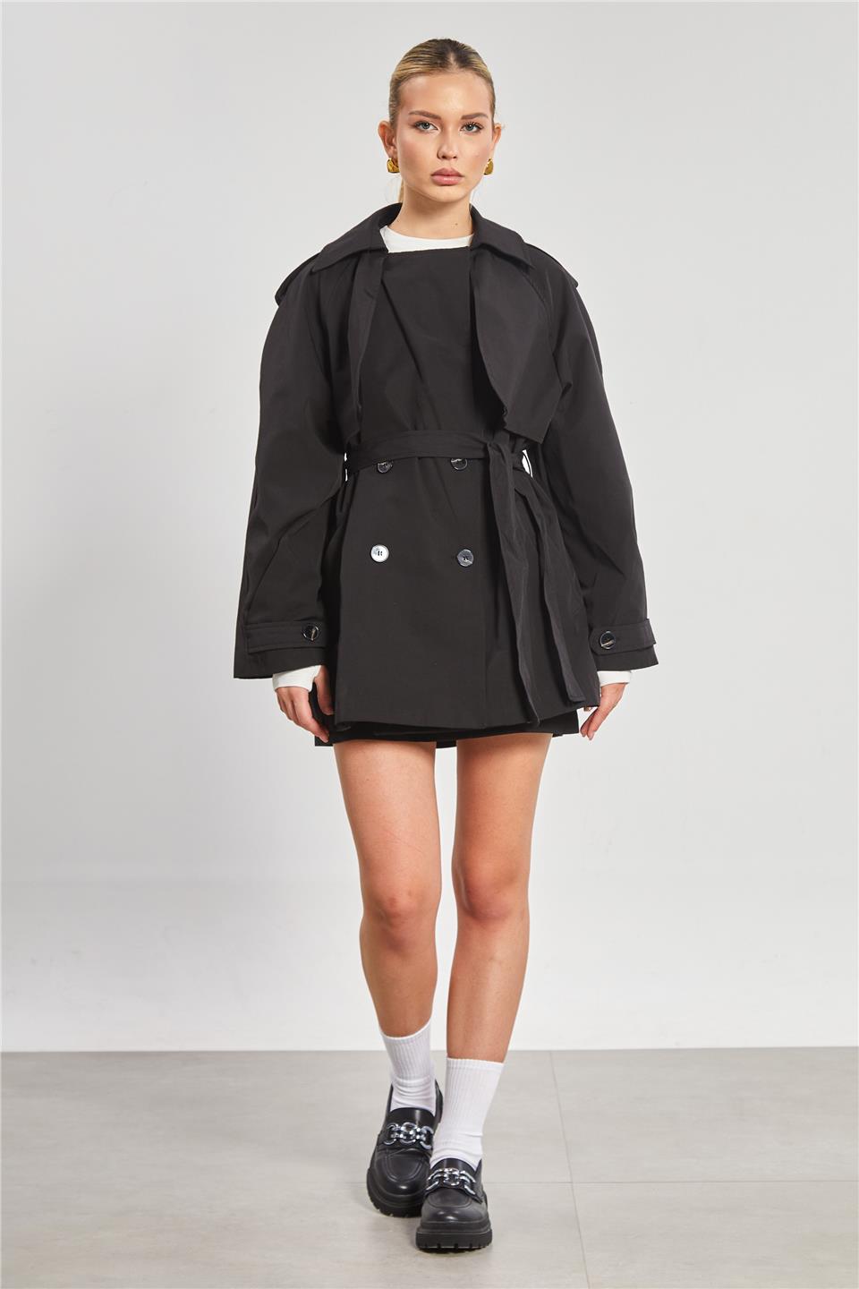 Düğmeli Beli Kuşaklı Kadın Trençkot - Siyah