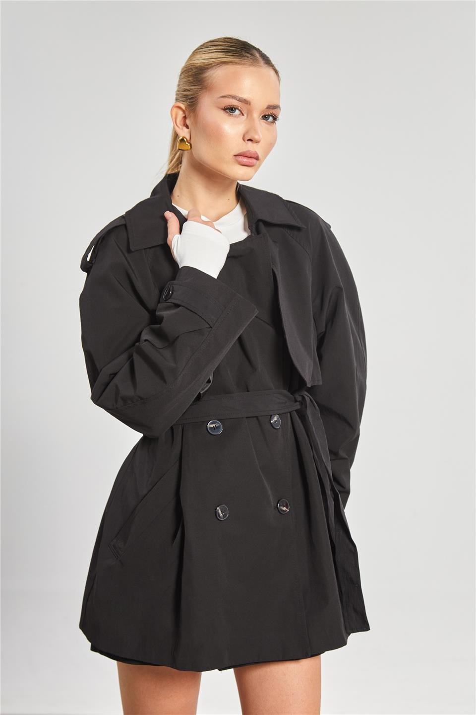 Düğmeli Beli Kuşaklı Kadın Trençkot - Siyah