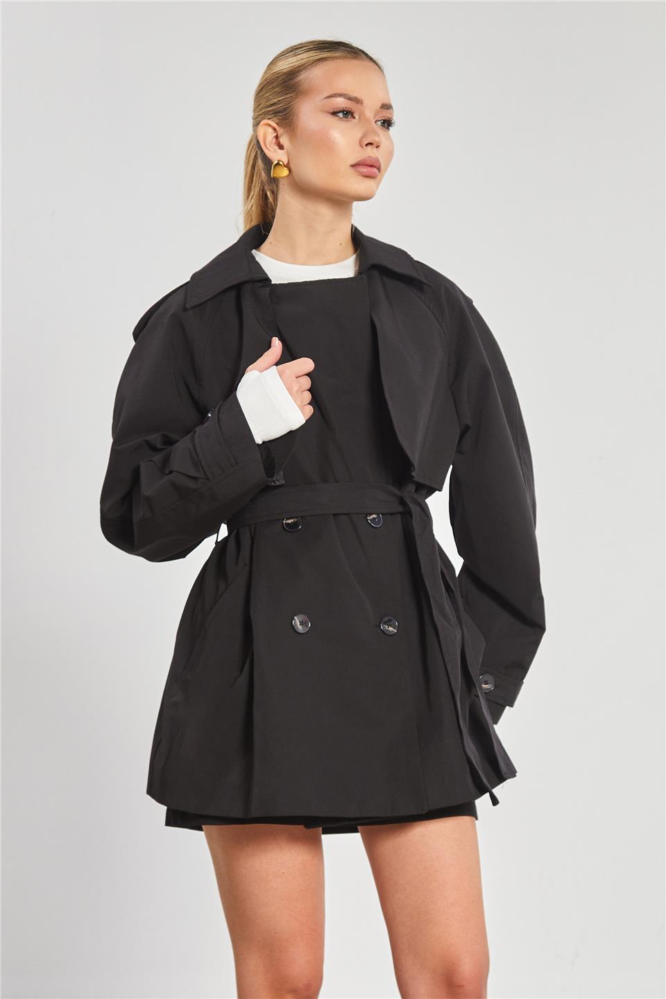 Düğmeli Beli Kuşaklı Kadın Trençkot - Siyah