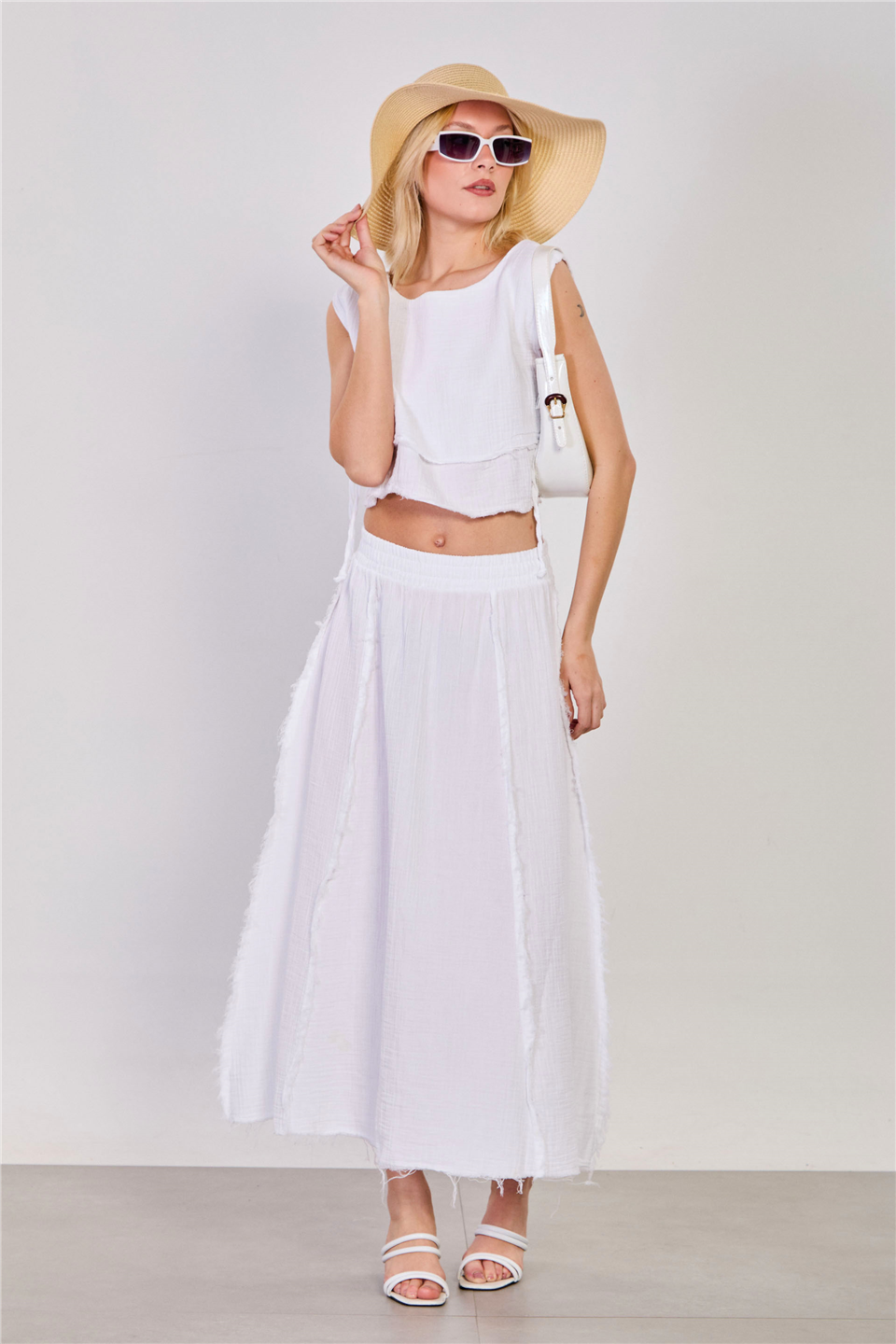 Kadın Yandan Bağlamalı Etek Bluz İkili Takım -  Beyaz