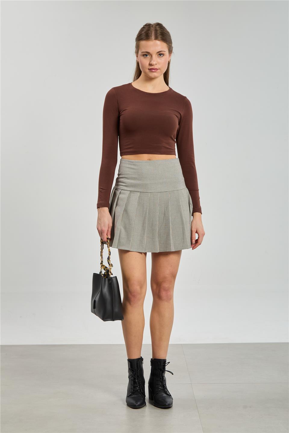 Kadın Ekose Desen Pileli Etek - Kahve