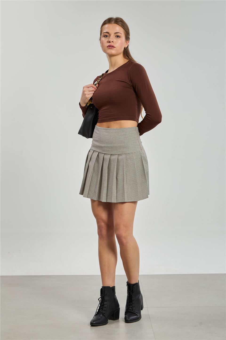 Kadın Ekose Desen Pileli Etek - Kahve