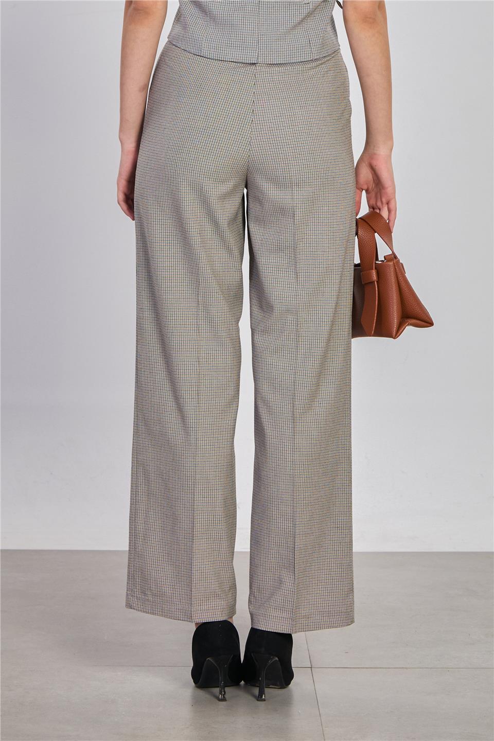 Kadın Ekose Desenli Kumaş Pantolon - Kahve