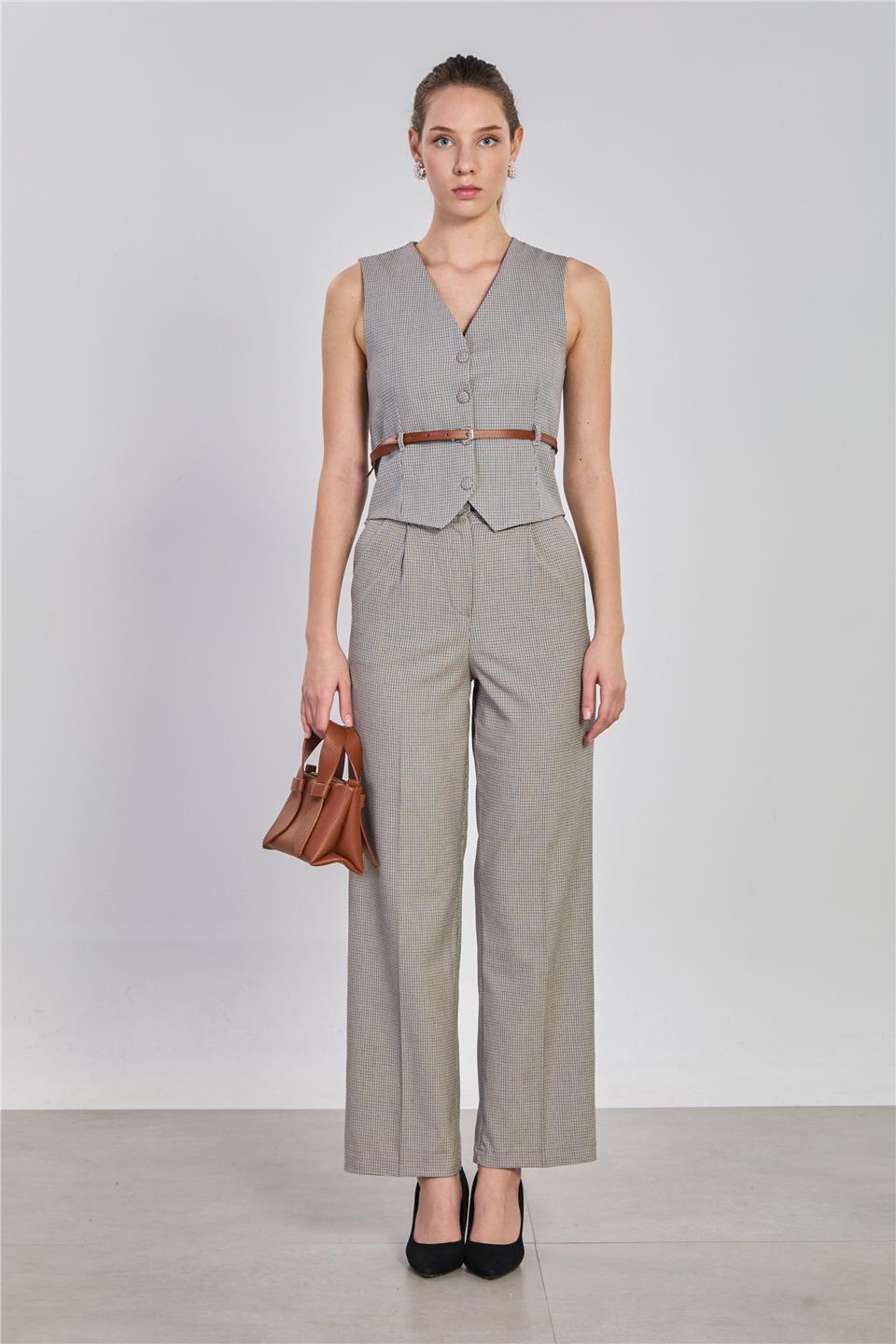 Kadın Ekose Desenli Kumaş Pantolon - Kahve