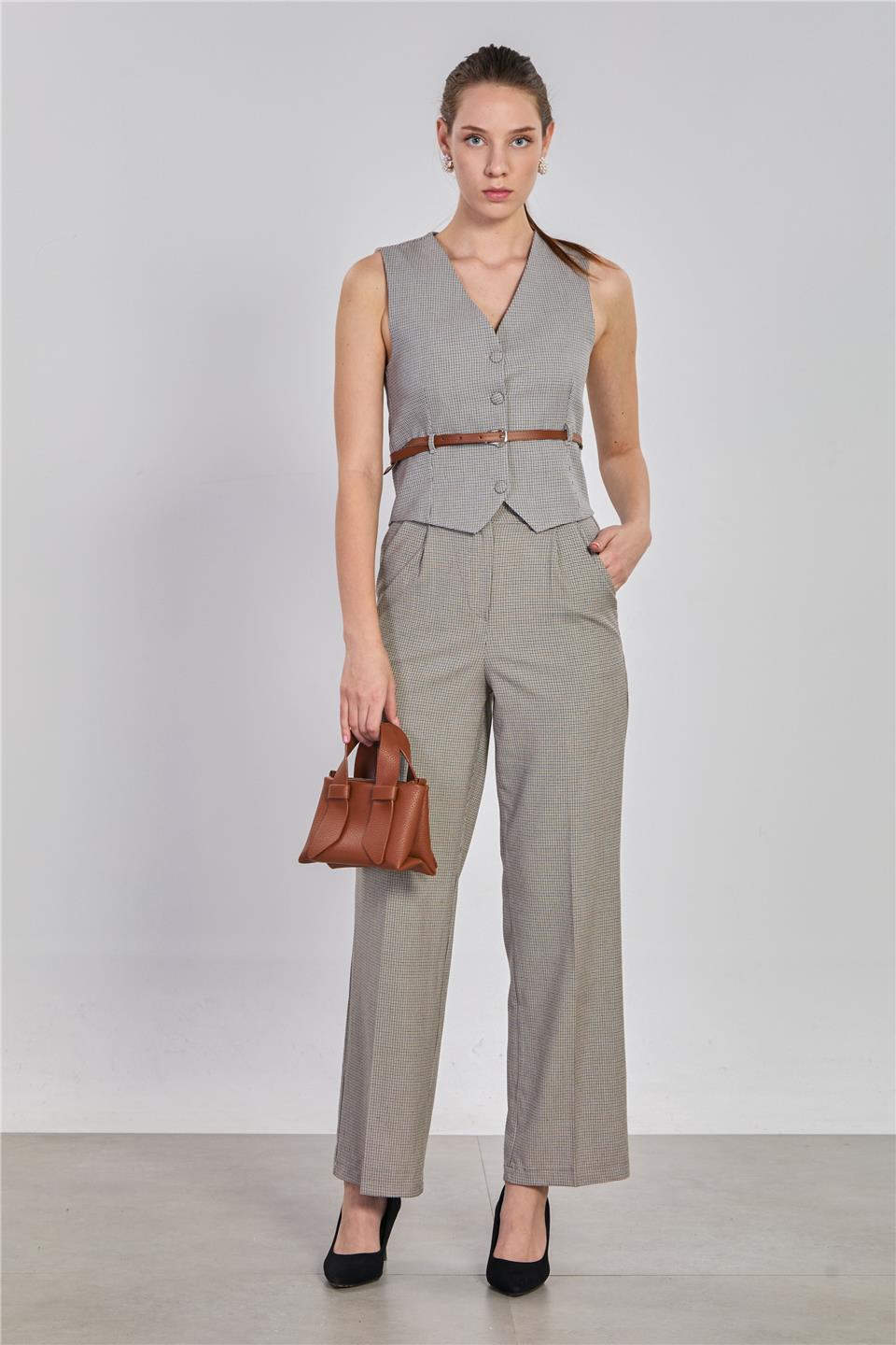 Kadın Ekose Desenli Kumaş Pantolon - Kahve