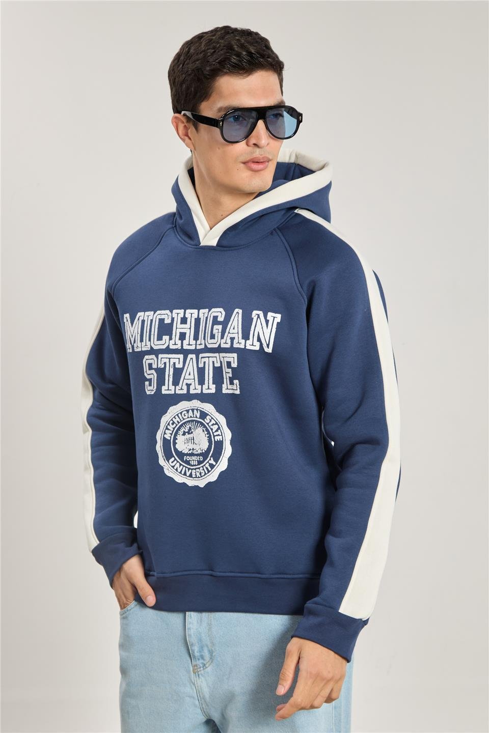 Erkek Michigan Baskılı Kapüşonlu Sweatshirt - Lacivert Ekru