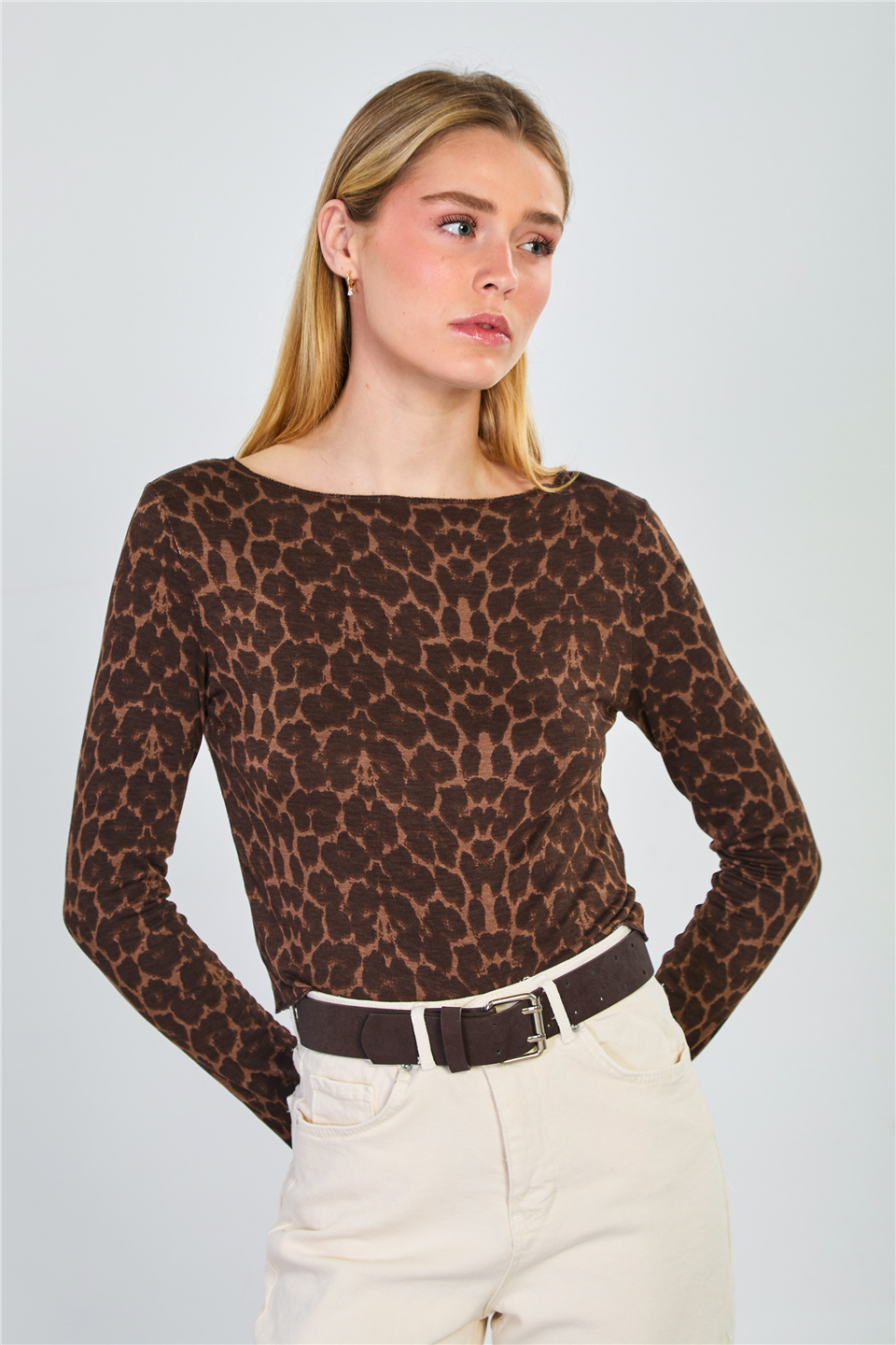 Kadın Leopar Uzun Kol Basic Body - Kahve
