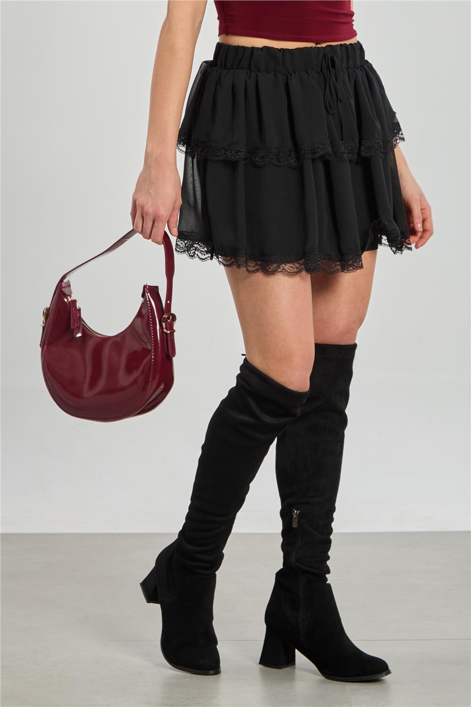 Kadın Fırfırlı Mini Etek - Siyah