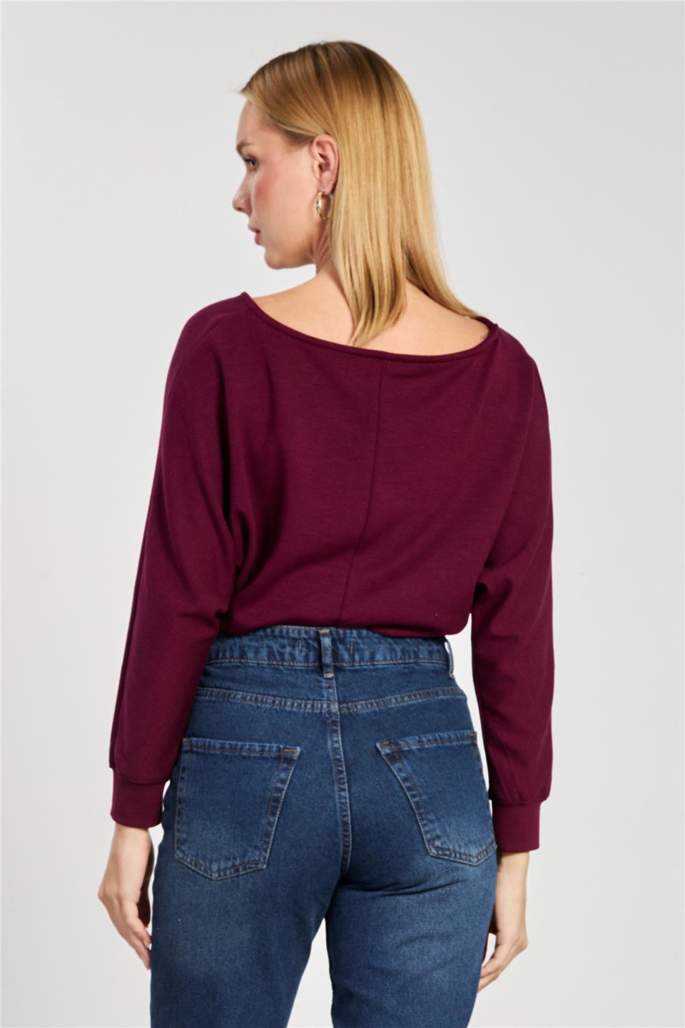 Kadın Geniş Yaka Sweatshirt - Bordo