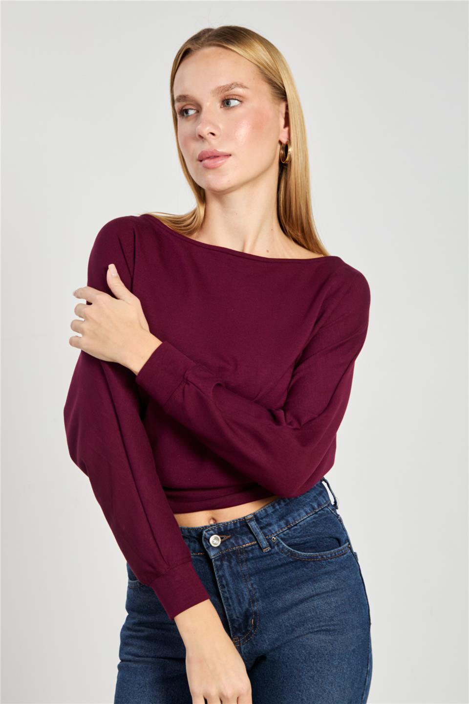 Kadın Geniş Yaka Sweatshirt - Bordo