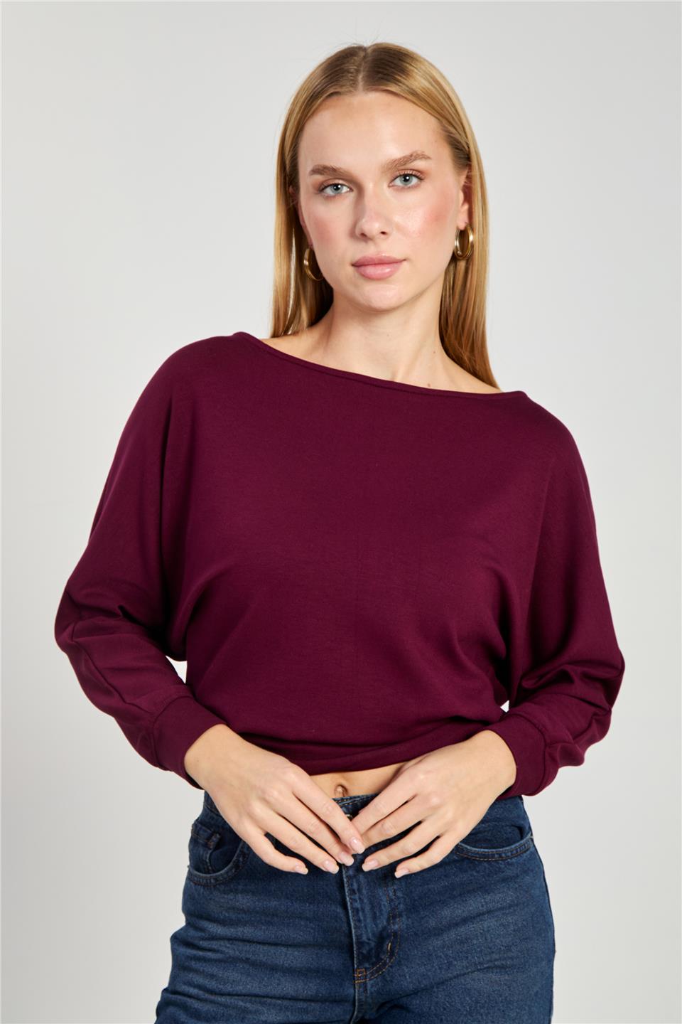 Kadın Geniş Yaka Sweatshirt - Bordo