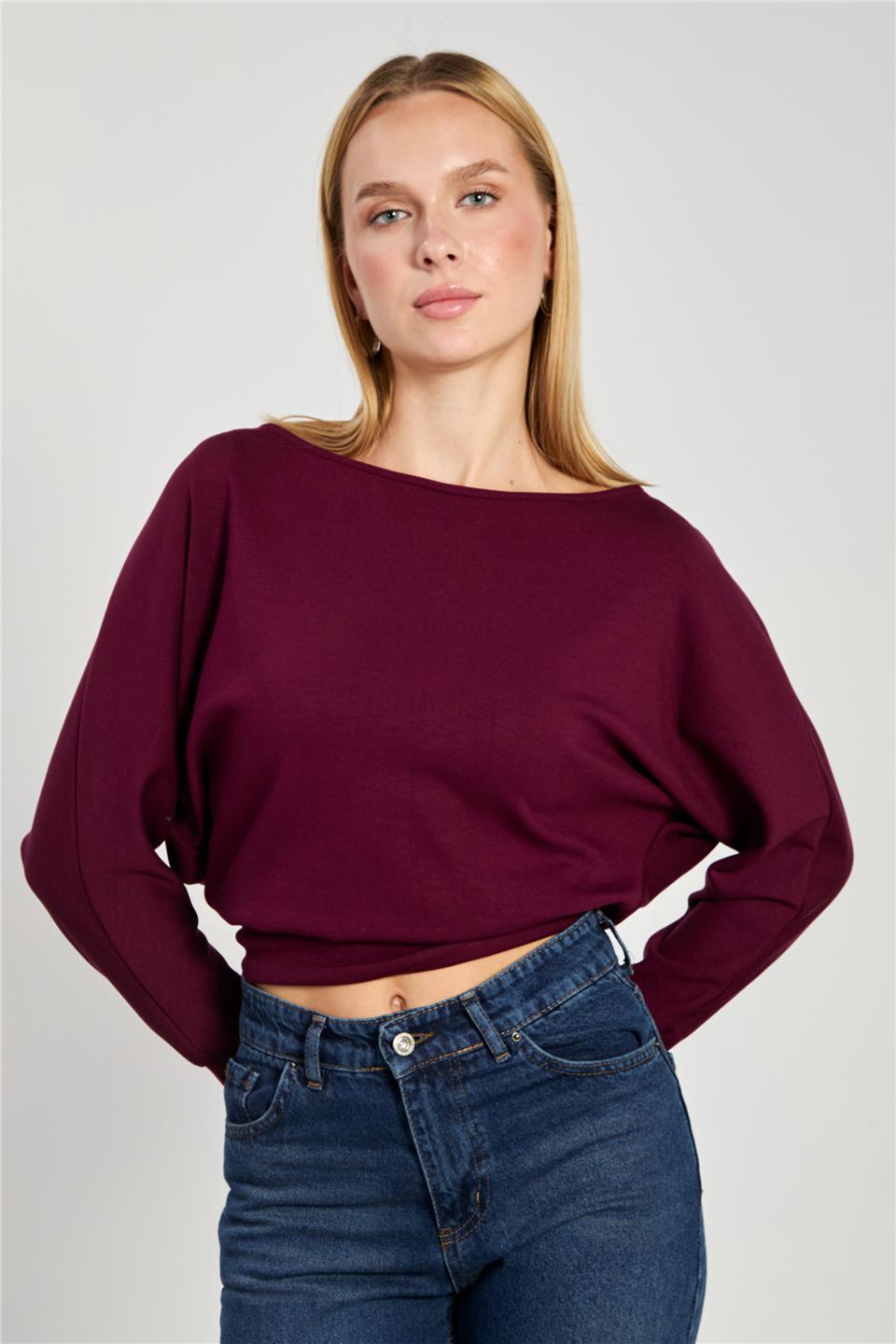 Kadın Geniş Yaka Sweatshirt - Bordo