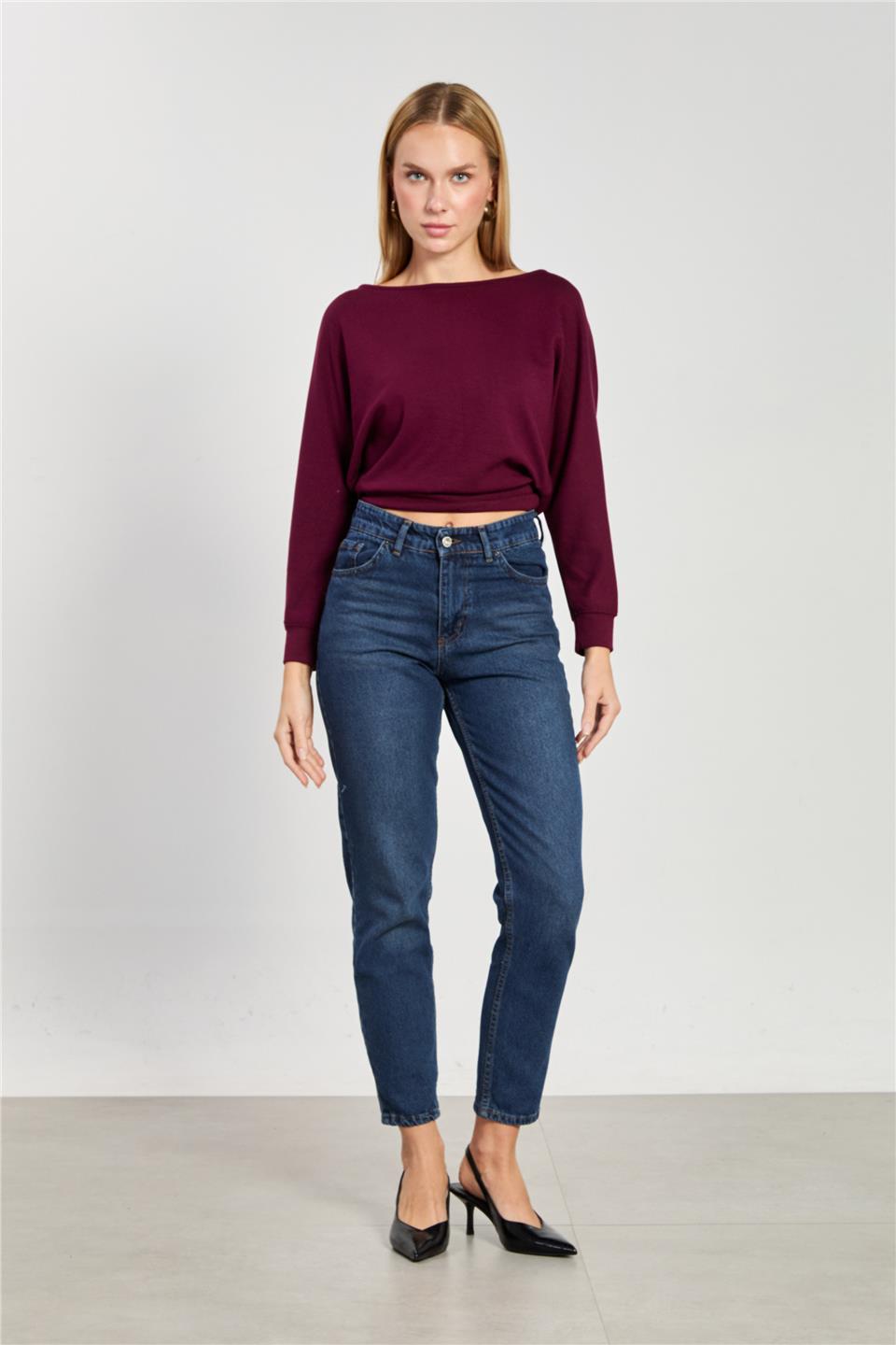 Kadın Geniş Yaka Sweatshirt - Bordo