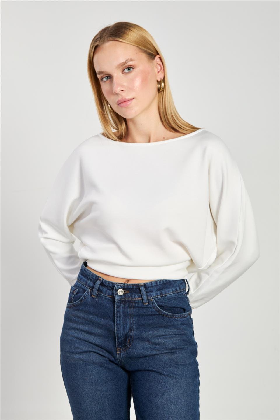 Kadın Geniş Yaka Sweatshirt - Ekru