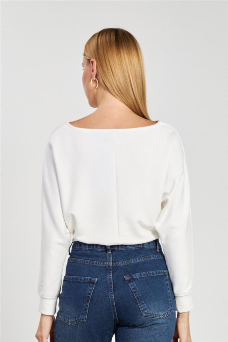 Kadın Geniş Yaka Sweatshirt - Ekru