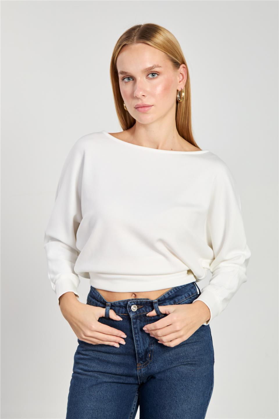 Kadın Geniş Yaka Sweatshirt - Ekru