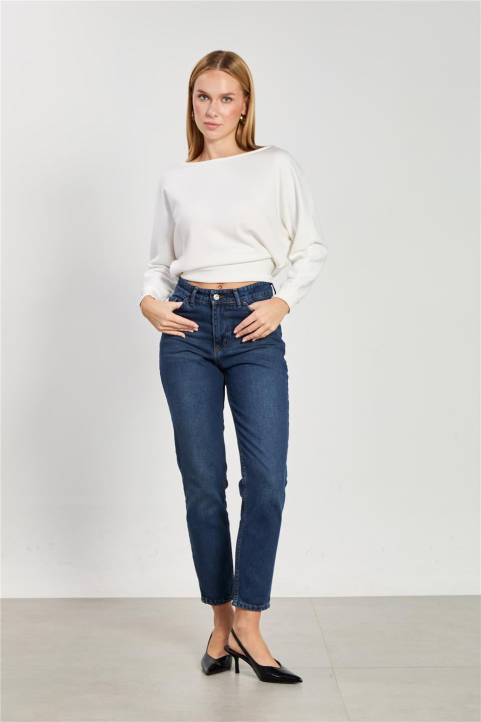 Kadın Geniş Yaka Sweatshirt - Ekru