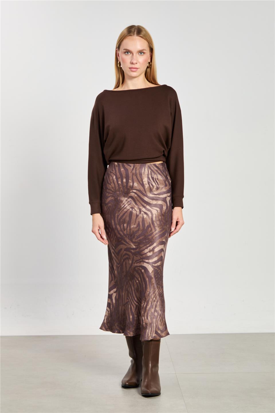 Kadın Geniş Yaka Sweatshirt - Kahve